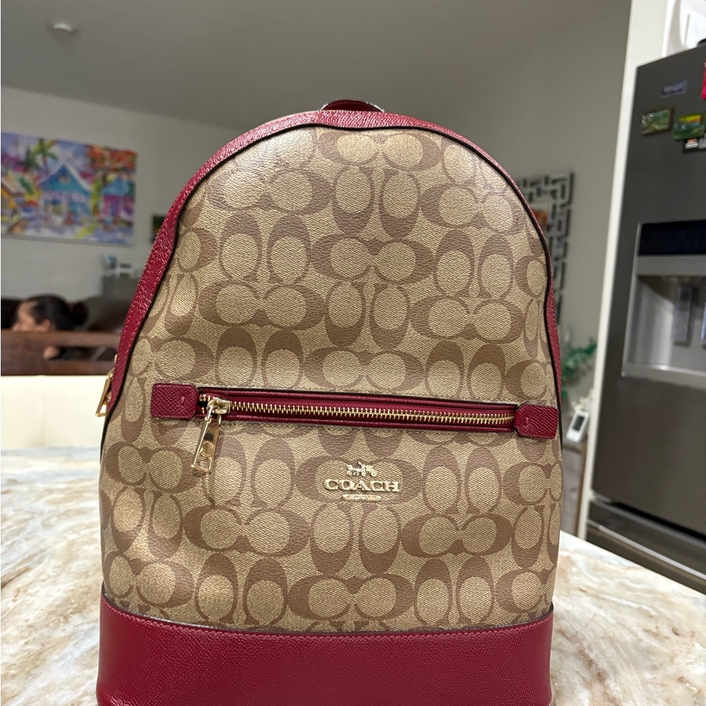 Coach Tan and Red Signature Backpack